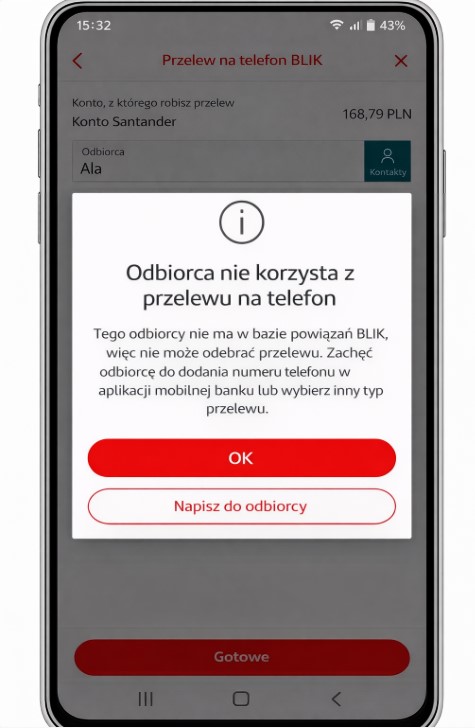 Przelew na telefon Blik do niezarejestrowanego odbiorcy